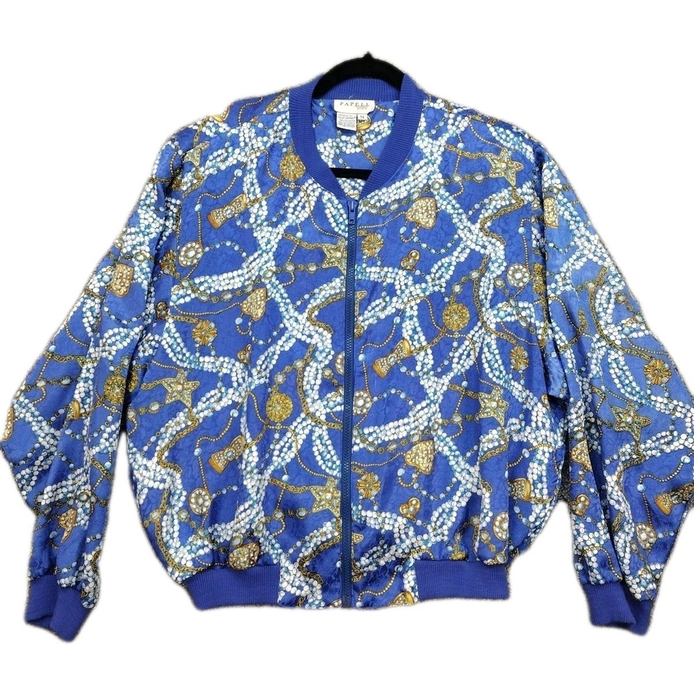 Vtg Papell Too Women's Bomber Jacket  Medium Blue Gold Satin Windbreaker